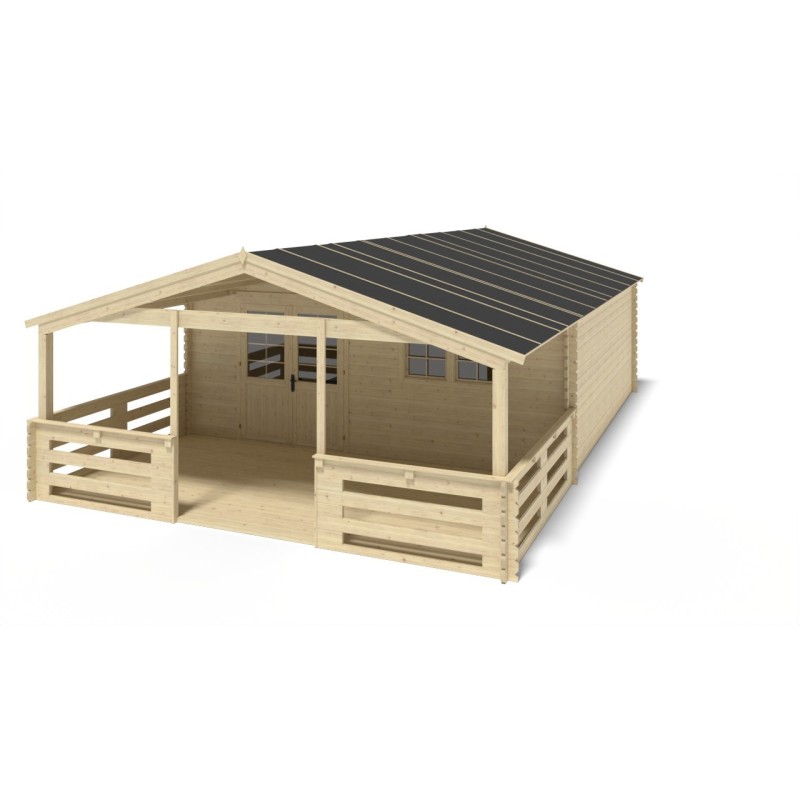 Abri de jardin en bois - 6x6 m - 54 m2 + terrasse avec balustrade et avant-toit en bois