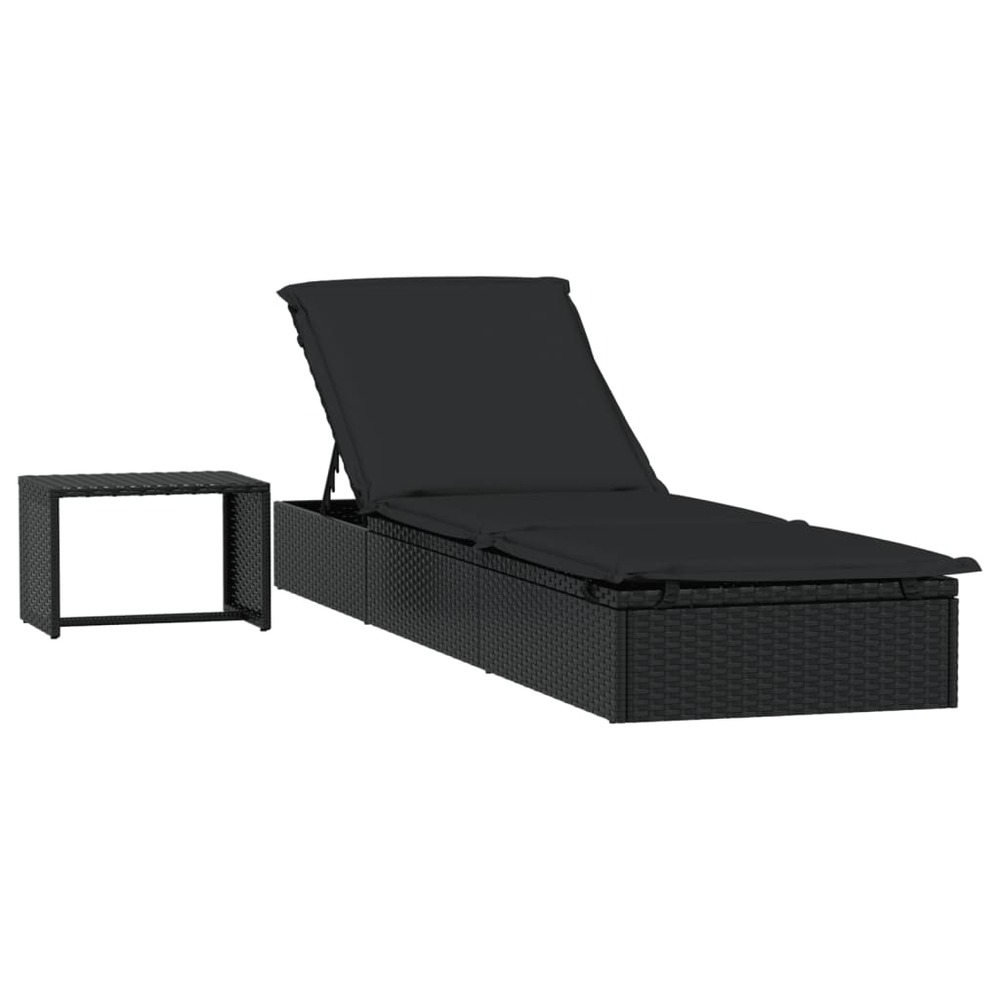 Transat chaise longue bain de soleil avec table résine tressée noir
