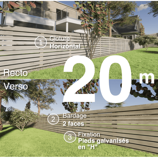 Kit clôture bois moderne 20m – h 0,9m – 20 x 70 mm autoclave gris – pose horizontal – double face – support galva