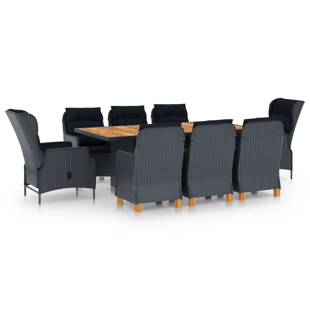 Ensemble à manger 9 pcs avec coussins résine tressée gris foncé