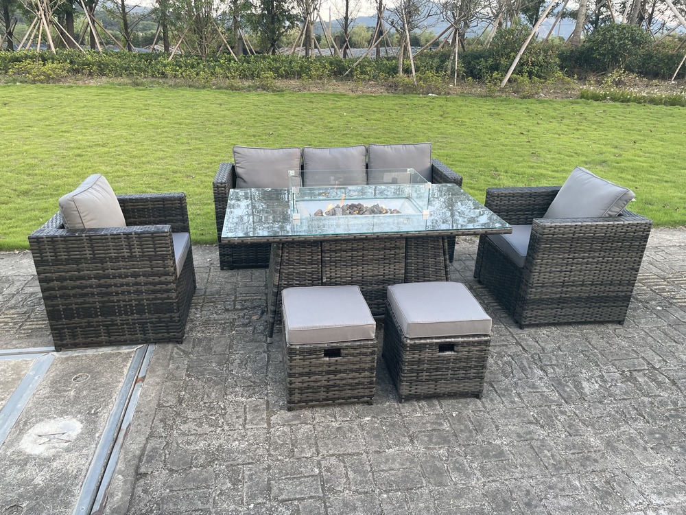 7 places pe osier rotin meubles de jardin foyer à gaz table chauffage à gaz set salon canapé set chaise tabouret verre trempé