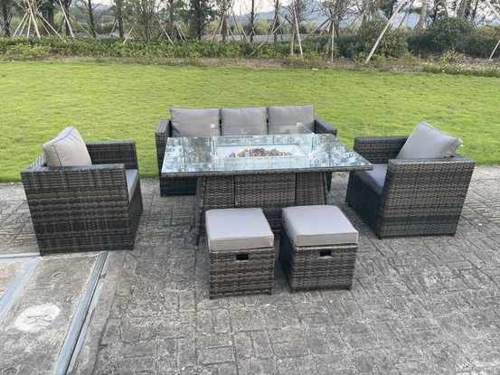 7 places pe osier rotin meubles de jardin foyer à gaz table chauffage à gaz set salon canapé set chaise tabouret verre trempé