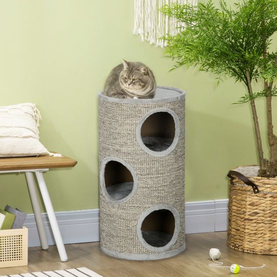 Tour à griffer chat tonneau bois sisal 3 niveaux repos jeu 38x70 cm gris clair