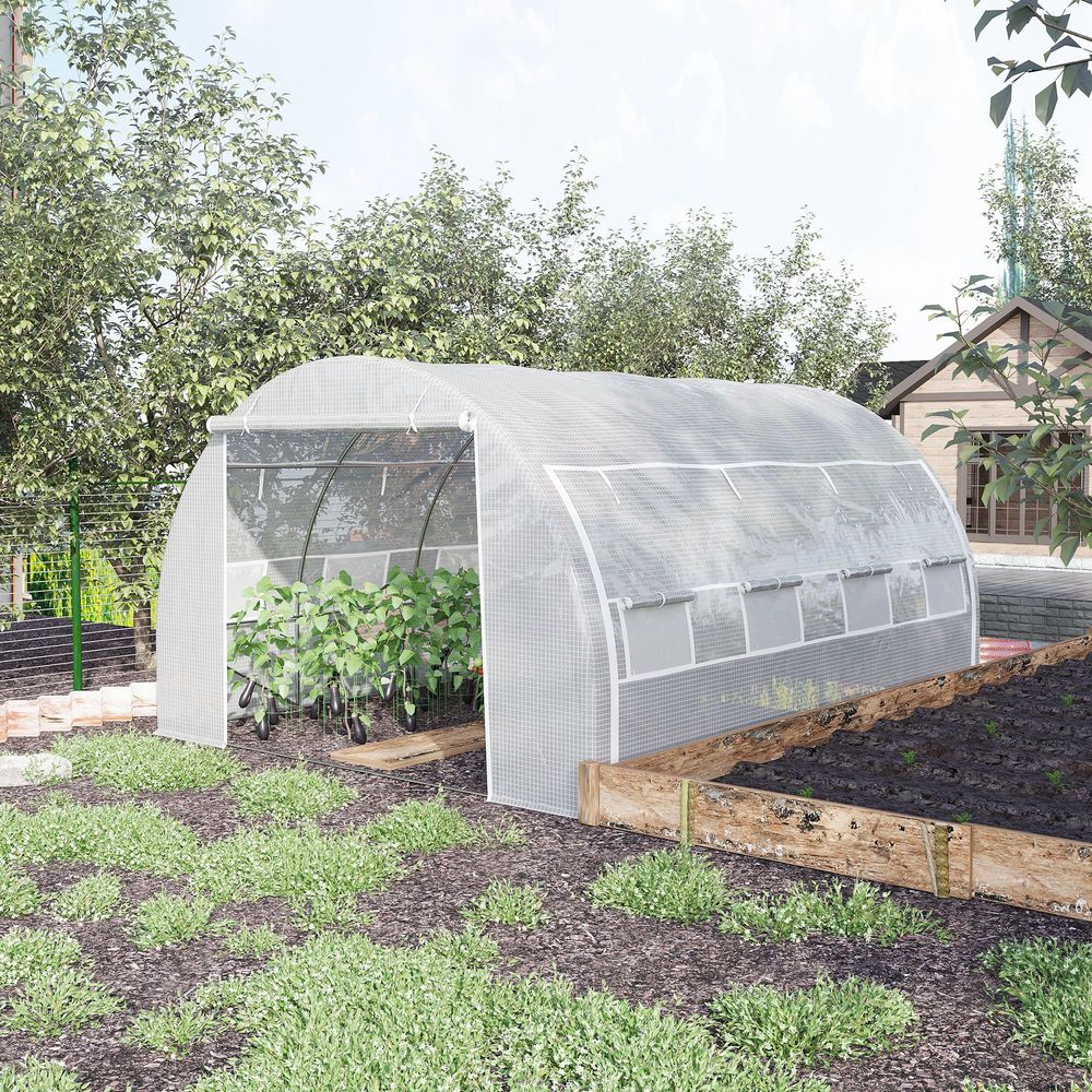 Serre tunnel de jardin acier galvanisé pe blanc 397 x 300 x 200 cm 12 m² 8 fenêtres - comfortxl outdoor living