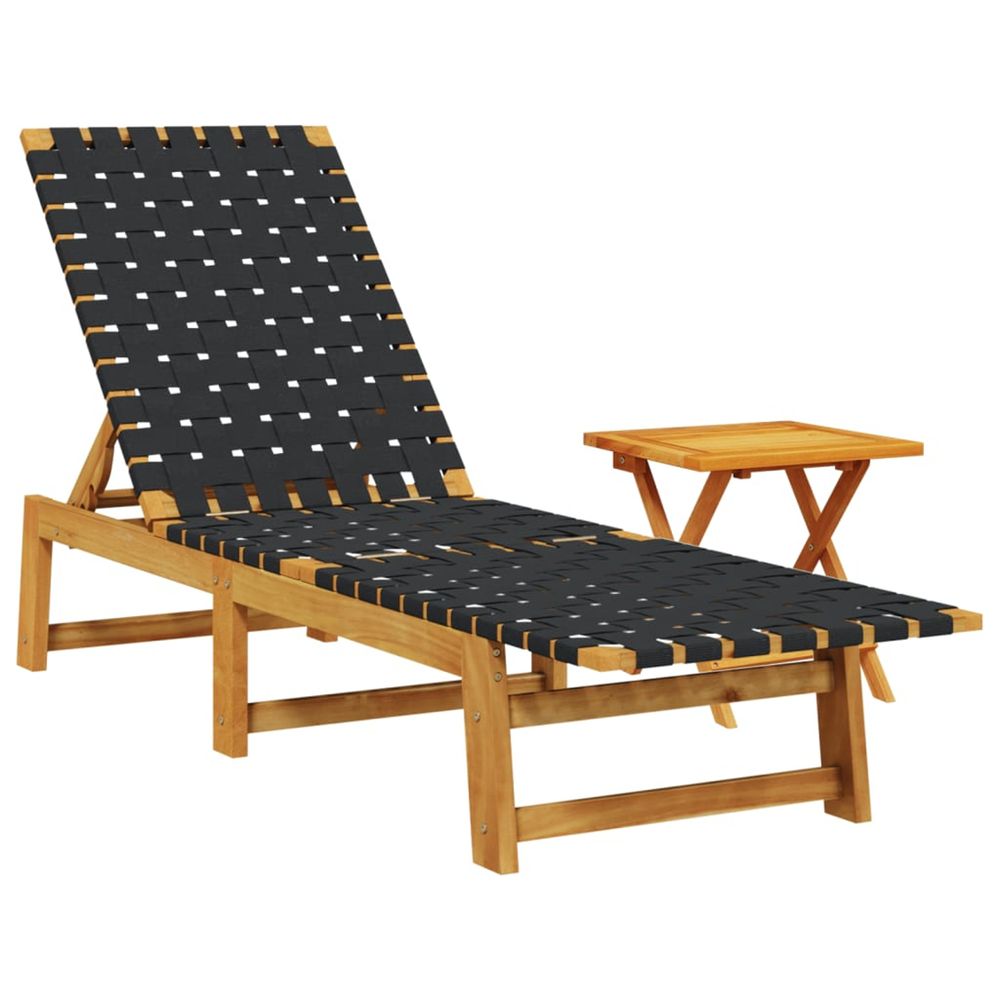 Chaises longues avec table noir bois d'acacia solide et tissu