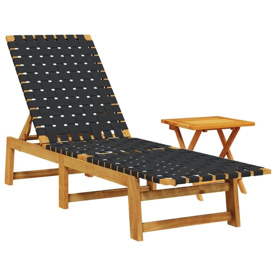 Chaises longues avec table noir bois d'acacia solide et tissu