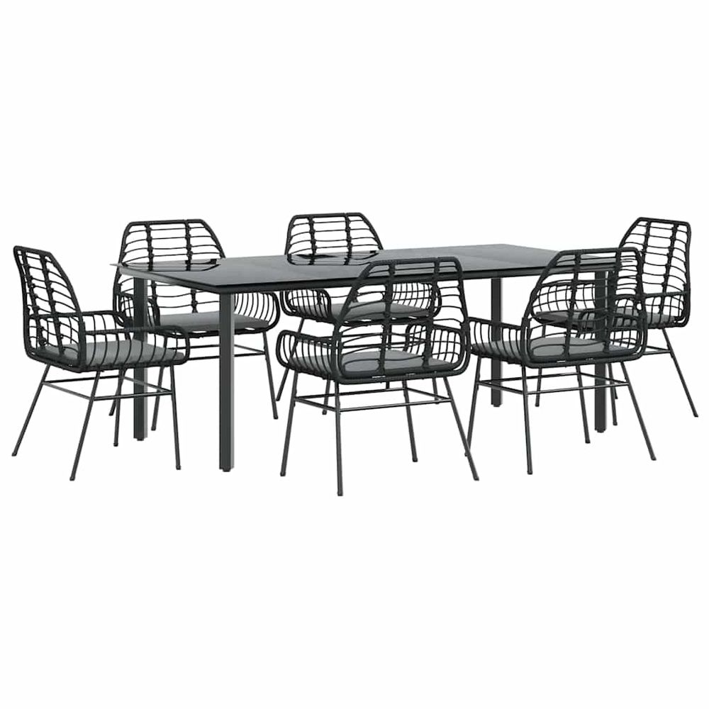 Ensemble à manger de jardin coussins 7pcs noir poly rotin verre