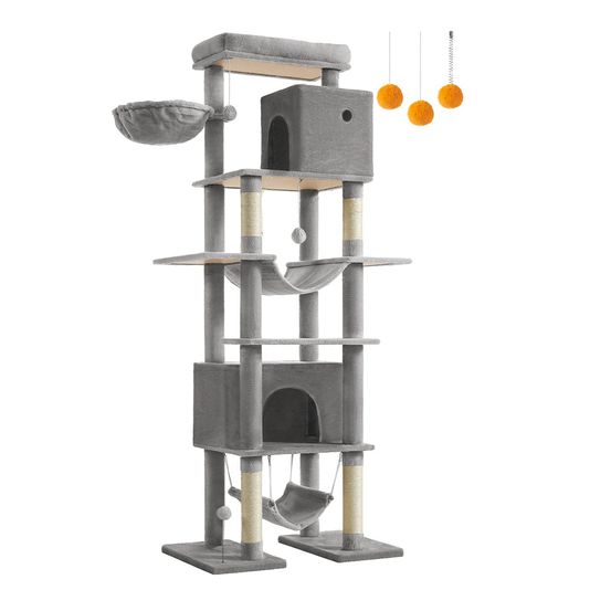 Arbre à chat 201 cm forme de tour taille xxl multi-niveaux 1 plateforme 1 panier 2 niches 2 hamacs dispositif anti-basculemen