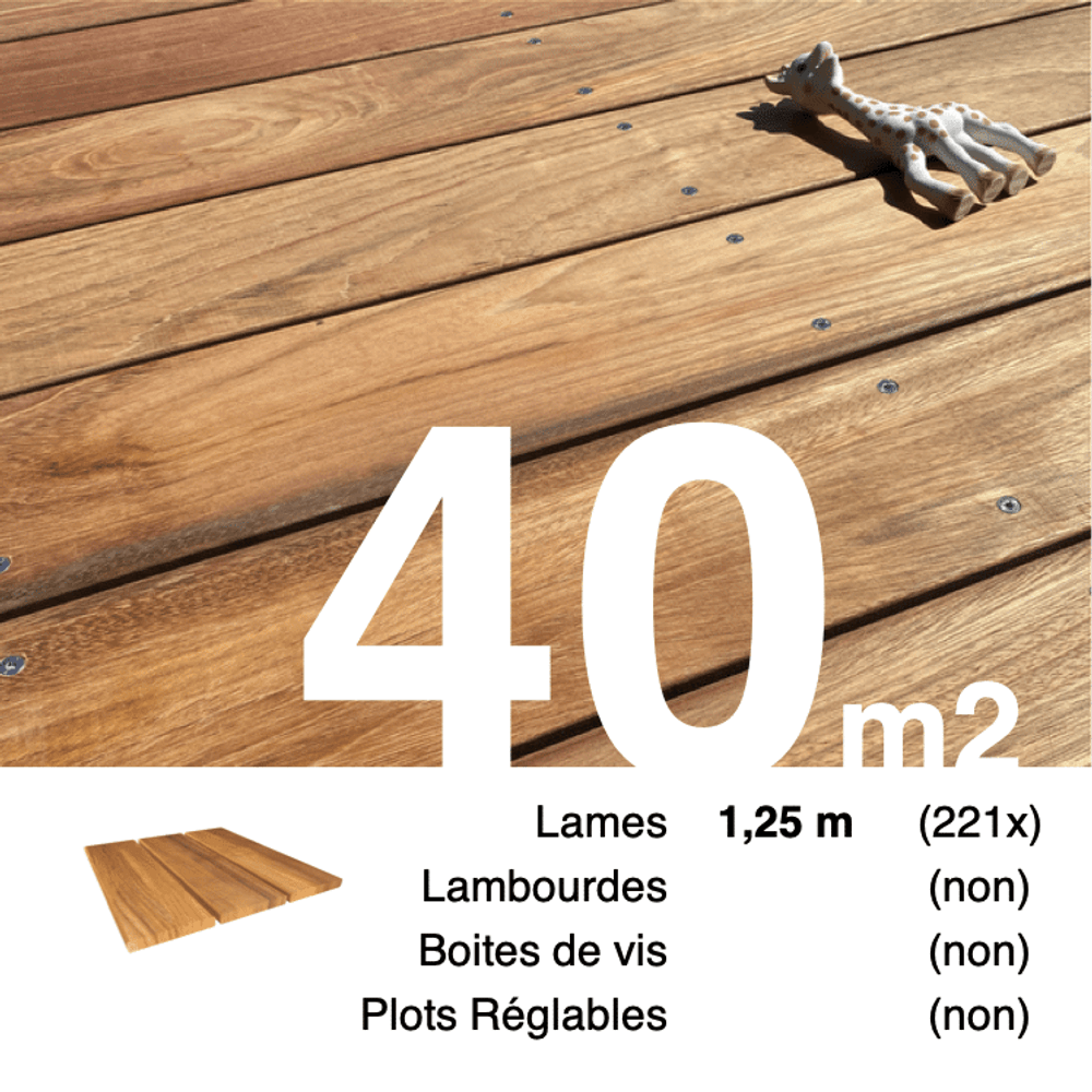 Planches de terrasse bois exotique jatoba pour 40 m², longueur 1,25 m.