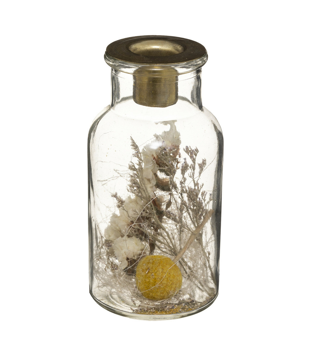 Bougeoir chandelier en verre déco fleurs séchées h 13 cm