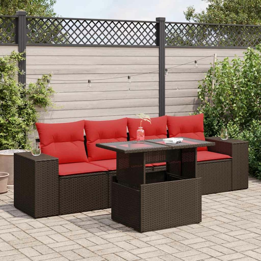 Salon de jardin avec coussins 5pcs marron résine tressée acacia