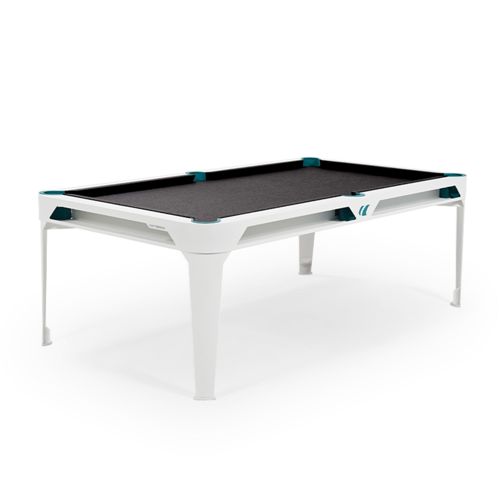 Billard d'extérieur convertible hyphen outdoor blanc / tapis gris foncé / réceptacles : bleu d'eau