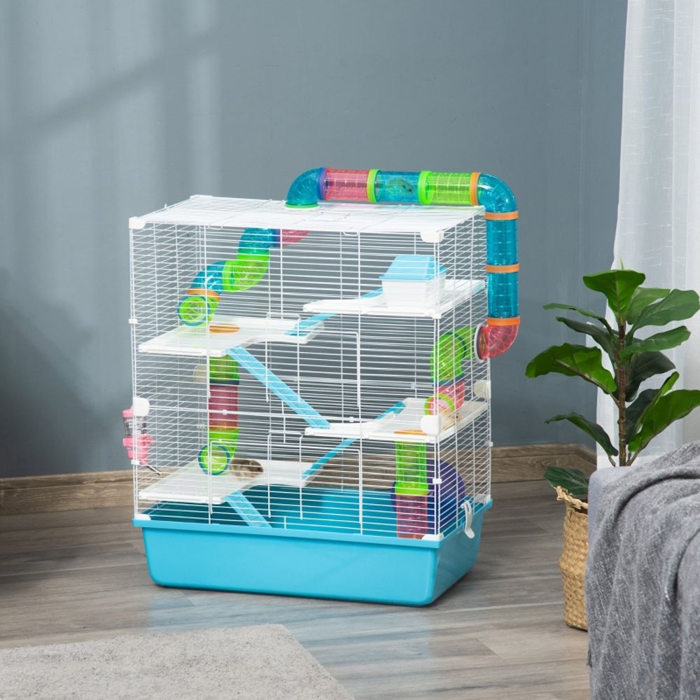 Cage hamster 5 niveaux métal plastique équipée roue tuyaux 59x36x69cm bleu blanc - comfortxl pet living