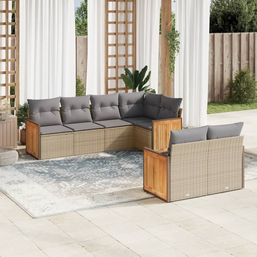 Salon de jardin avec coussins 7 pcs beige résine tressée