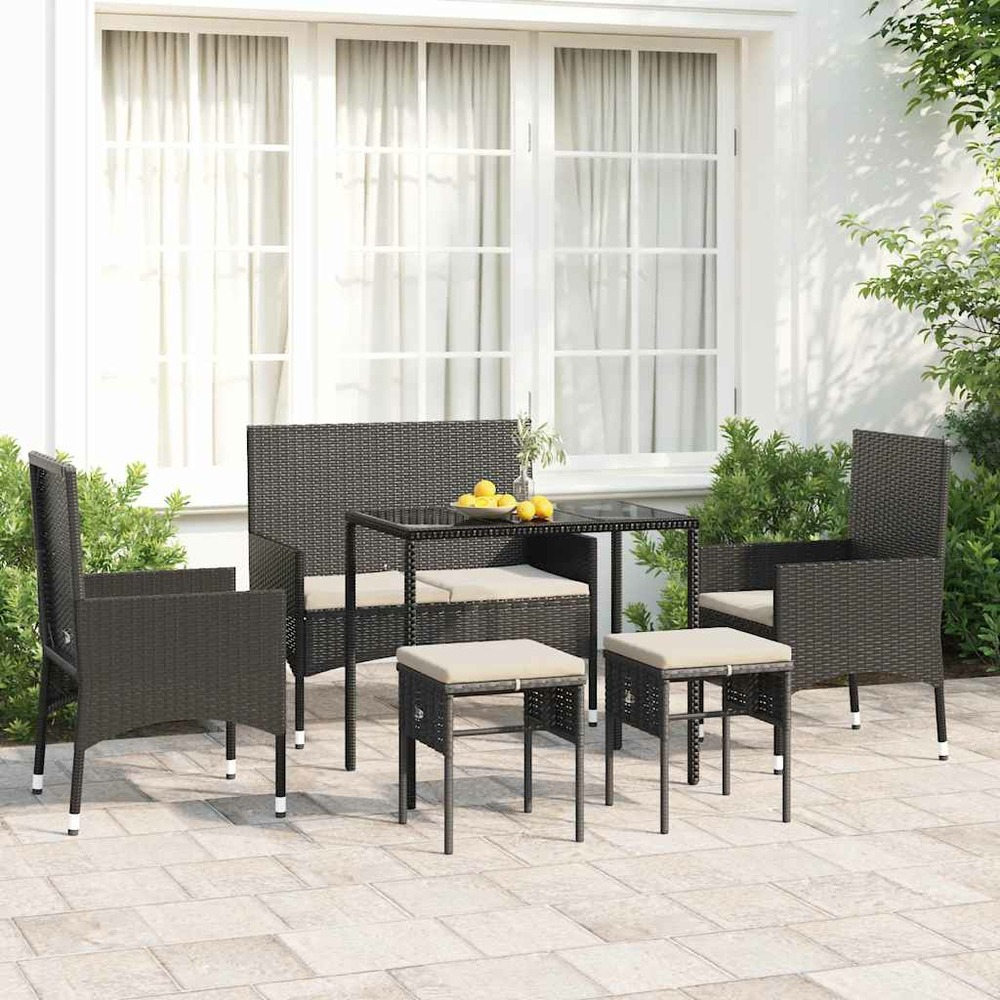 Salon de jardin 6 pcs avec coussins noir résine tressée