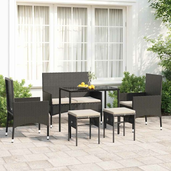 Salon de jardin 6 pcs avec coussins noir résine tressée