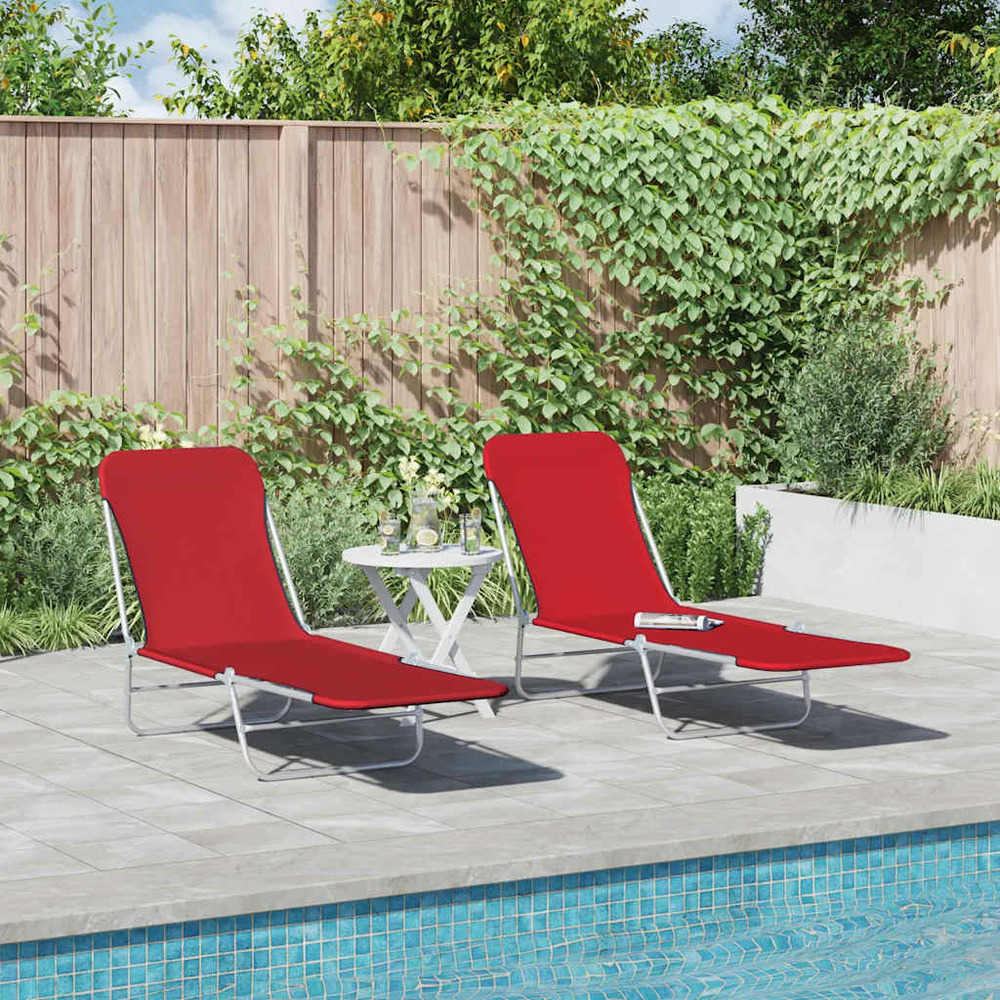 Chaises longues pliables lot de 2 acier et tissu rouge