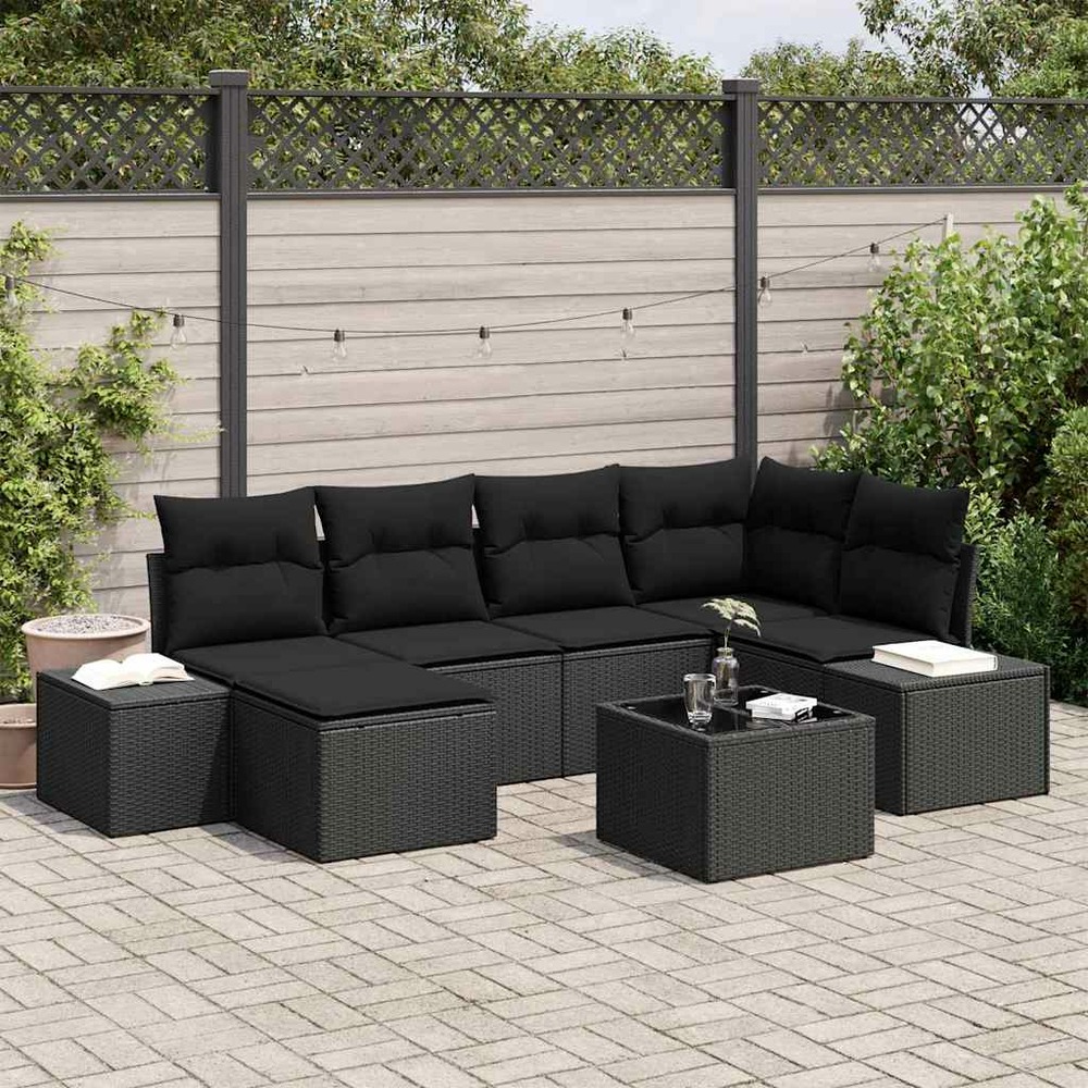 Ensemble de canapé de jardin avec coussin 7 pcs noir polyrotin