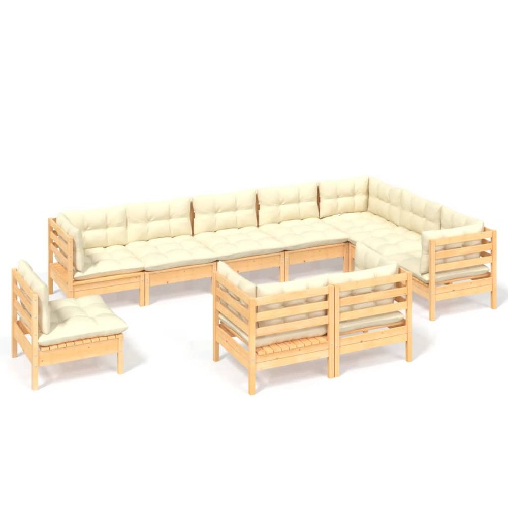Salon de jardin 10 pcs avec coussins crème bois de pin massif
