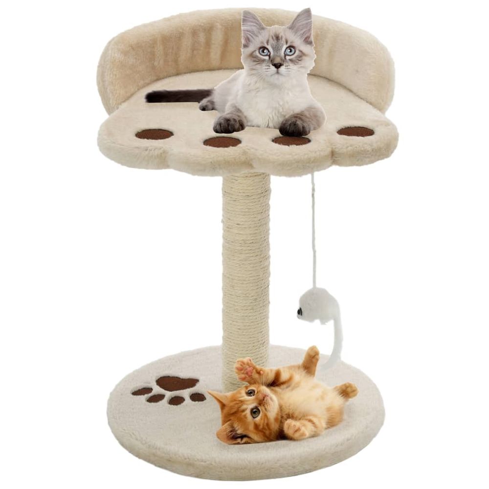 Mini griffoir pour chat 40 cm avec jouet et plateforme repos, base stable, poteau sisal beige et marron