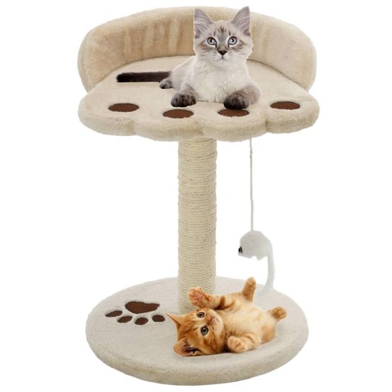 Mini griffoir pour chat 40 cm avec jouet et plateforme repos, base stable, poteau sisal beige et marron