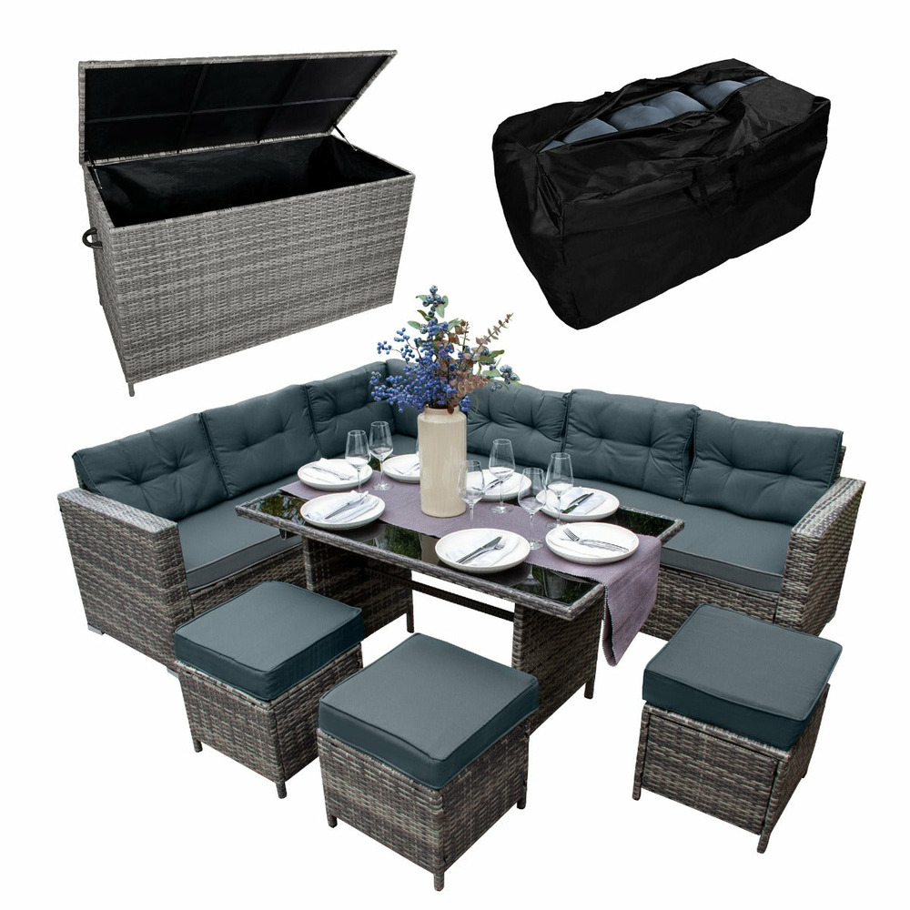 Salon de jardin 9 personnes & coffre de rangement en rotin – gris