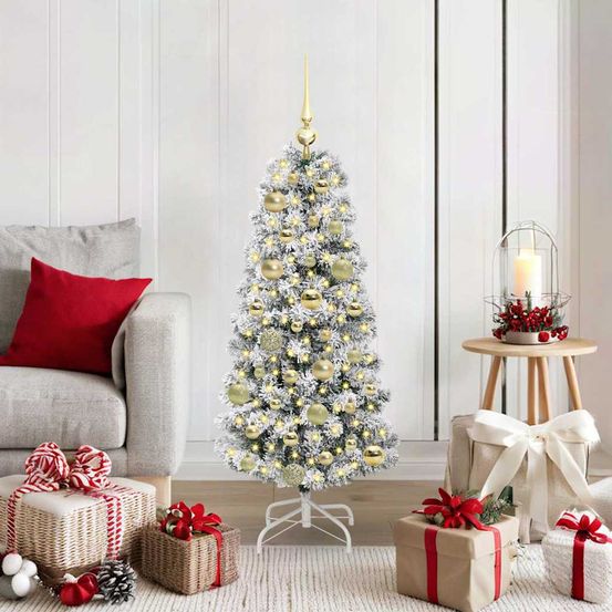 Sapin de noël artificiel 120 cm lumineux, kit décoration complet avec 61 boules et guirlande led