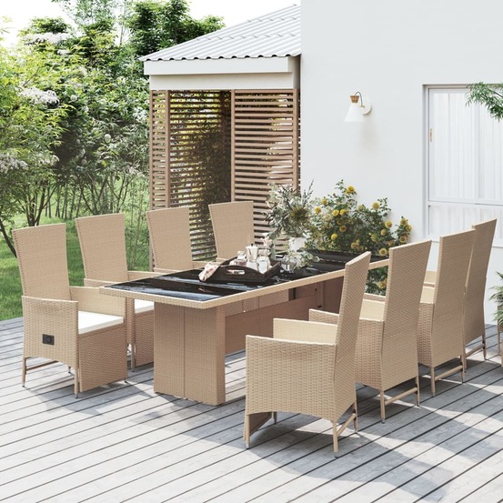 Ensemble à manger de jardin et coussins 9 pcs beige poly rotin