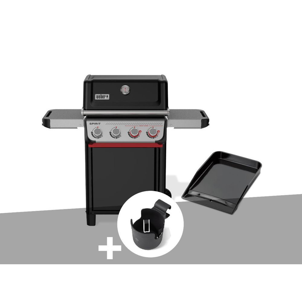 Barbecue à gaz spirit e-425 mix plancha émaillée + support pour boisson