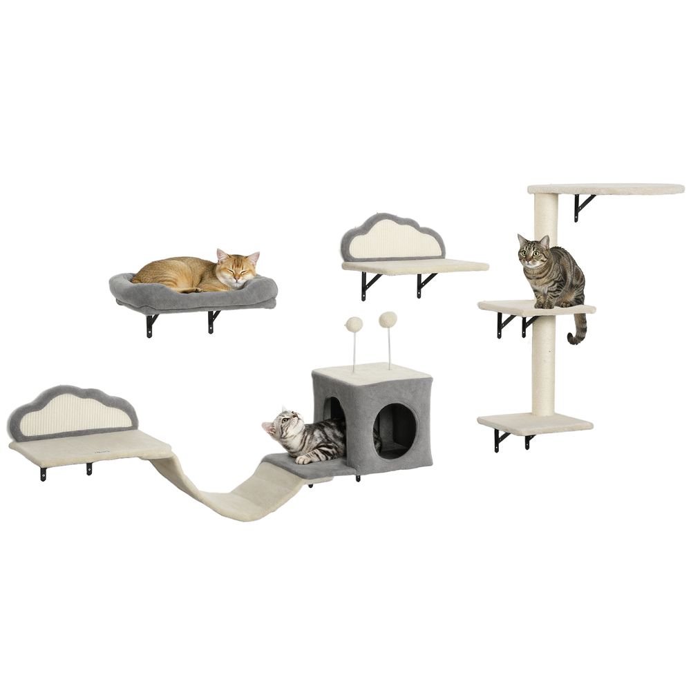 Arbre à chat mural bois peluche pour 1 à 3 chats repos et jeu beige 84cm