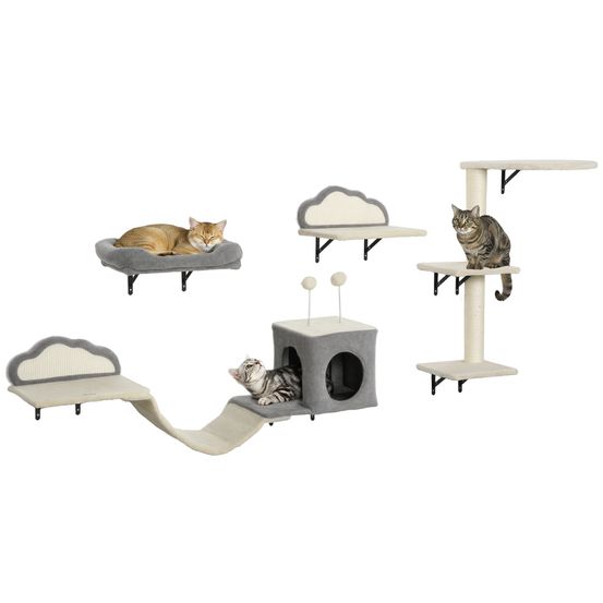 Arbre à chat mural bois peluche pour 1 à 3 chats repos et jeu beige 84cm