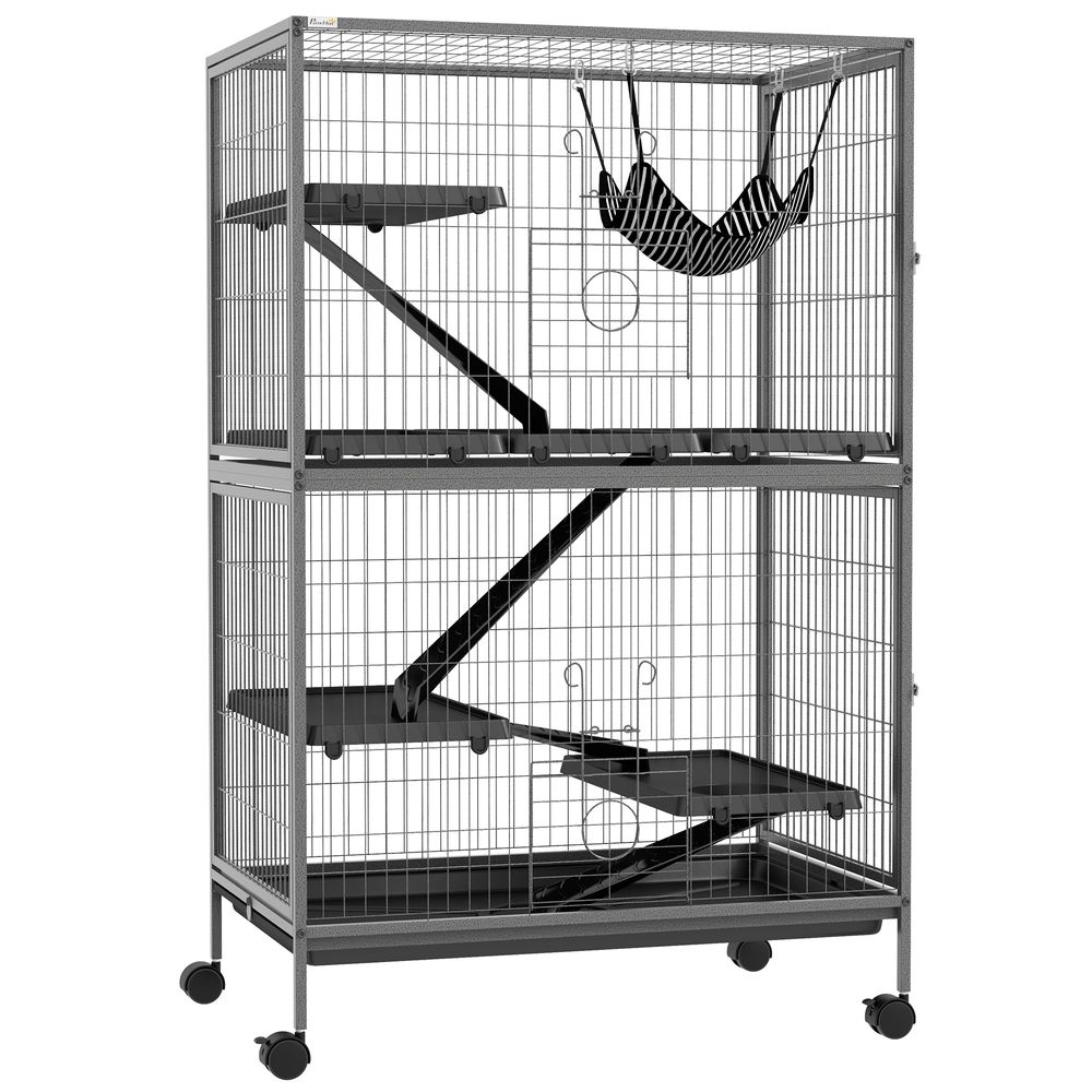 Cage multifonction en acier pour rongeurs 4 plateformes sur roulettes 80x52x128cm gris