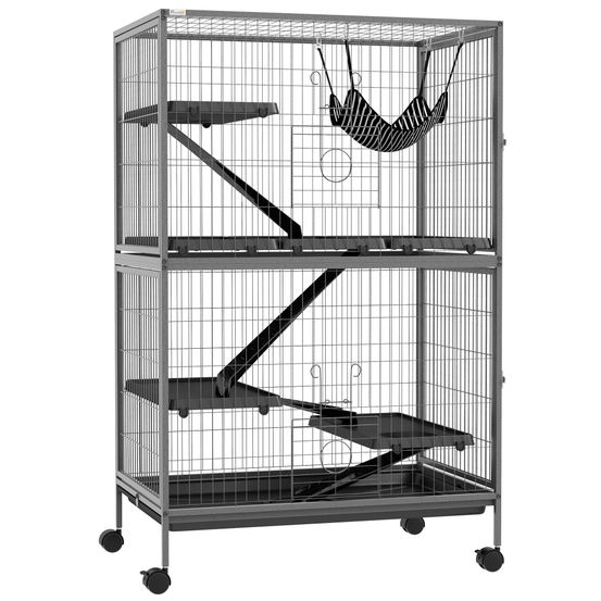 Cage multifonction en acier pour rongeurs 4 plateformes sur roulettes 80x52x128cm gris