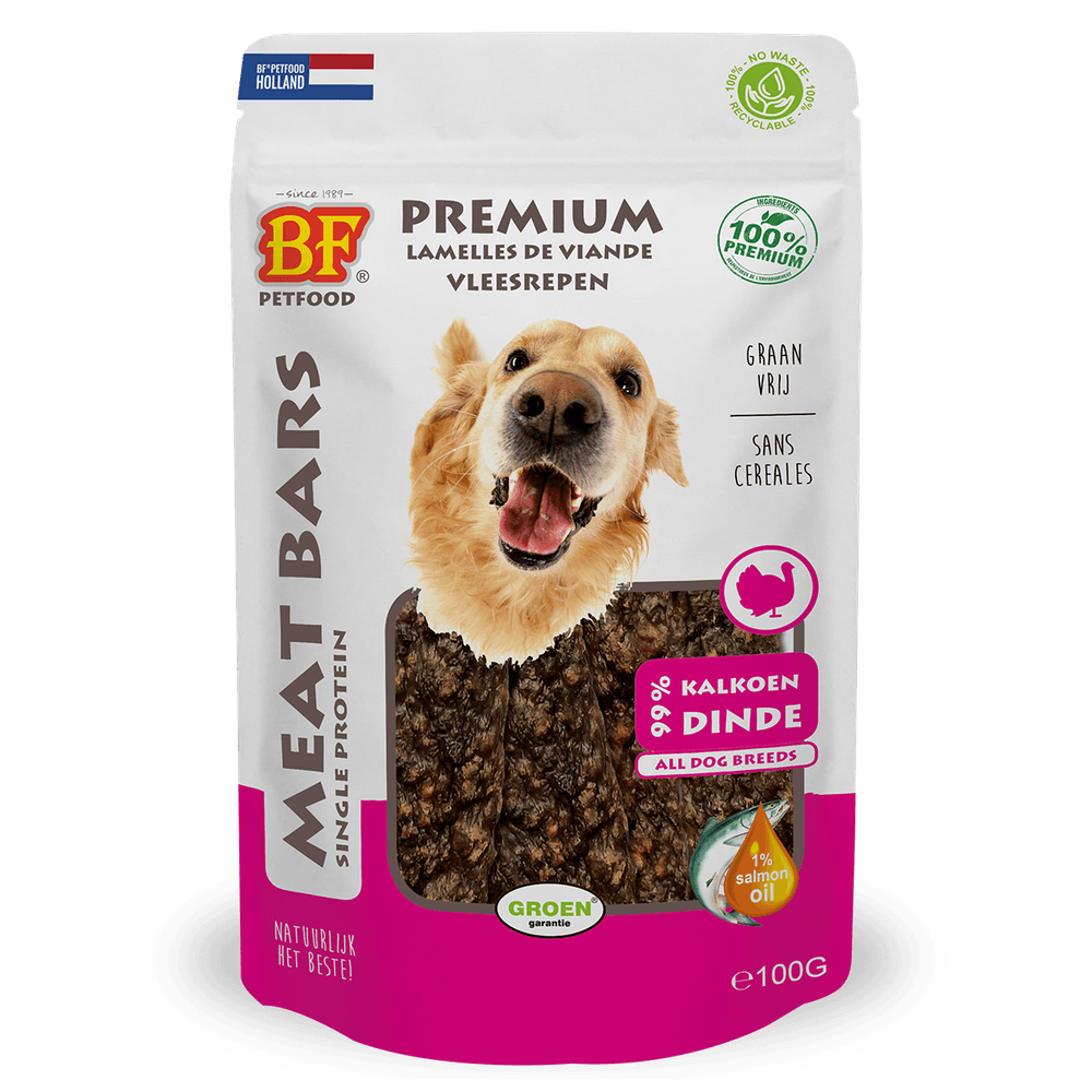 Friandises, lamelles viande séchée à la dinde, sans céréales, sachet de 100g