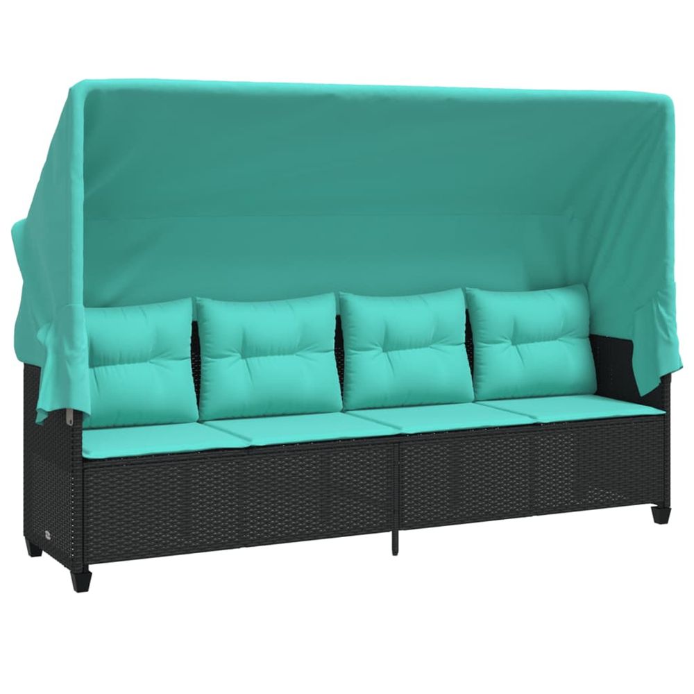 Chaise longue avec auvent et coussins noir résine tressée bain de soleil
