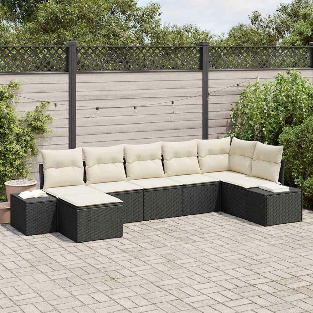 Ensemble de canapé de jardin avec coussin 7 pcs noir polyrotin