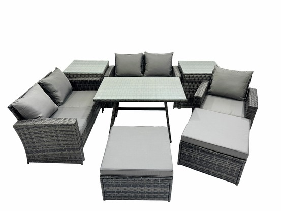 Ensemble de canapé en rotin extérieur avec table à manger canapé à deux places 2 tables d'appoint 2 grand tabourets gris foncé mixte