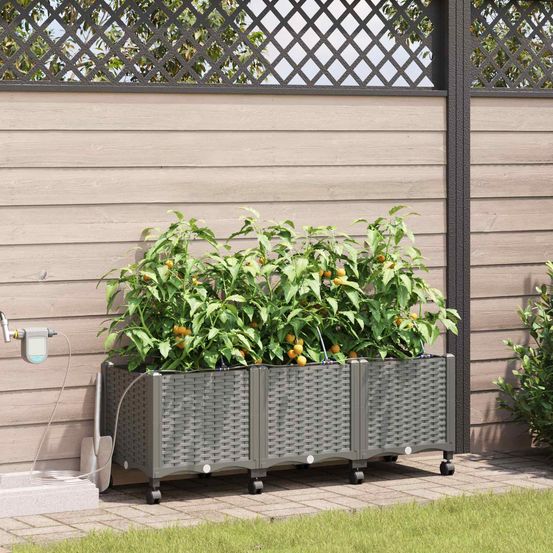 Jardinière surélevée polypropylène jardin terrasse avec irrigation et roues 120x40cm gris clair