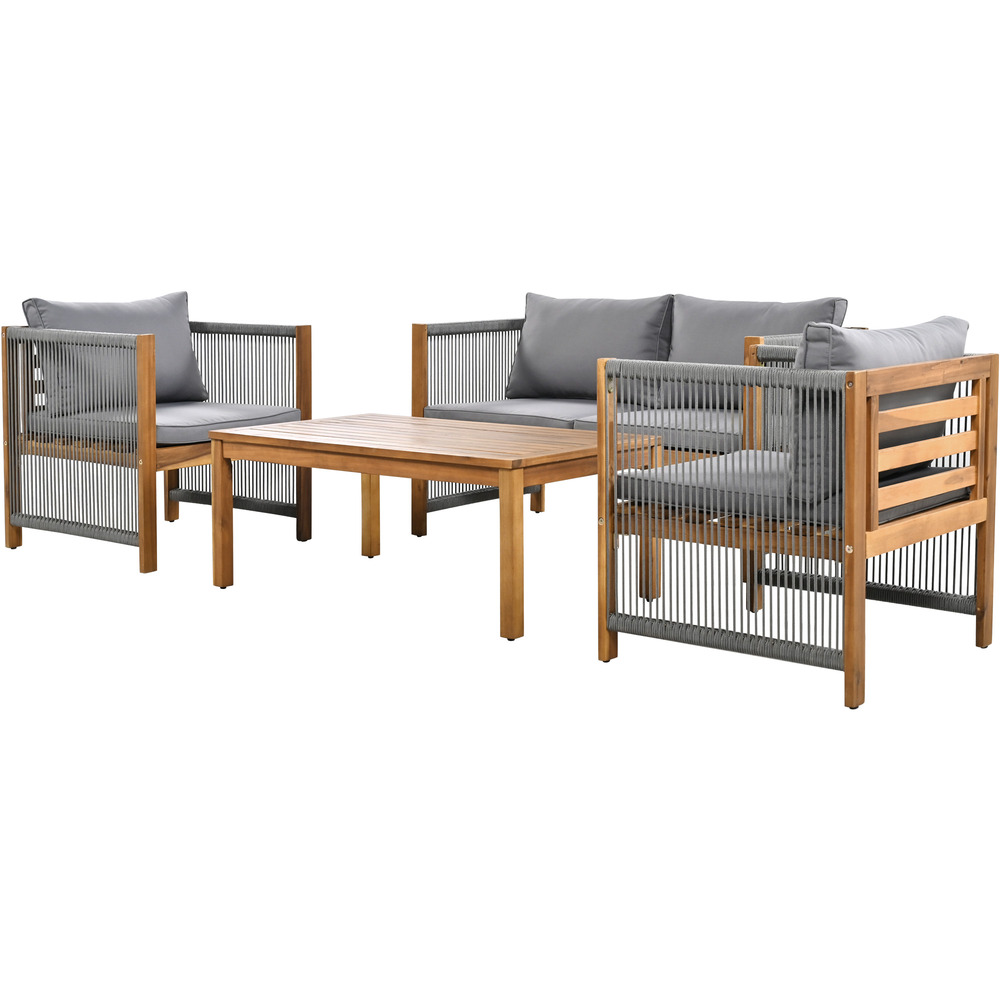 Ensemble de salon, canapé deux places, 2 fauteuils, table, aspect rotin, acacia, gris