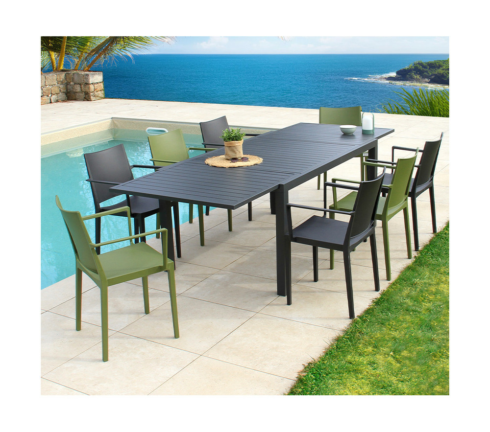 Ensemble table et chaises de jardin - 8 places - gris et vert olive - guetharos
