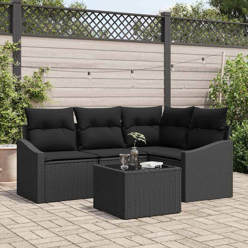 Ensemble de canapés avec coussin 5 pcs noir polyrotin