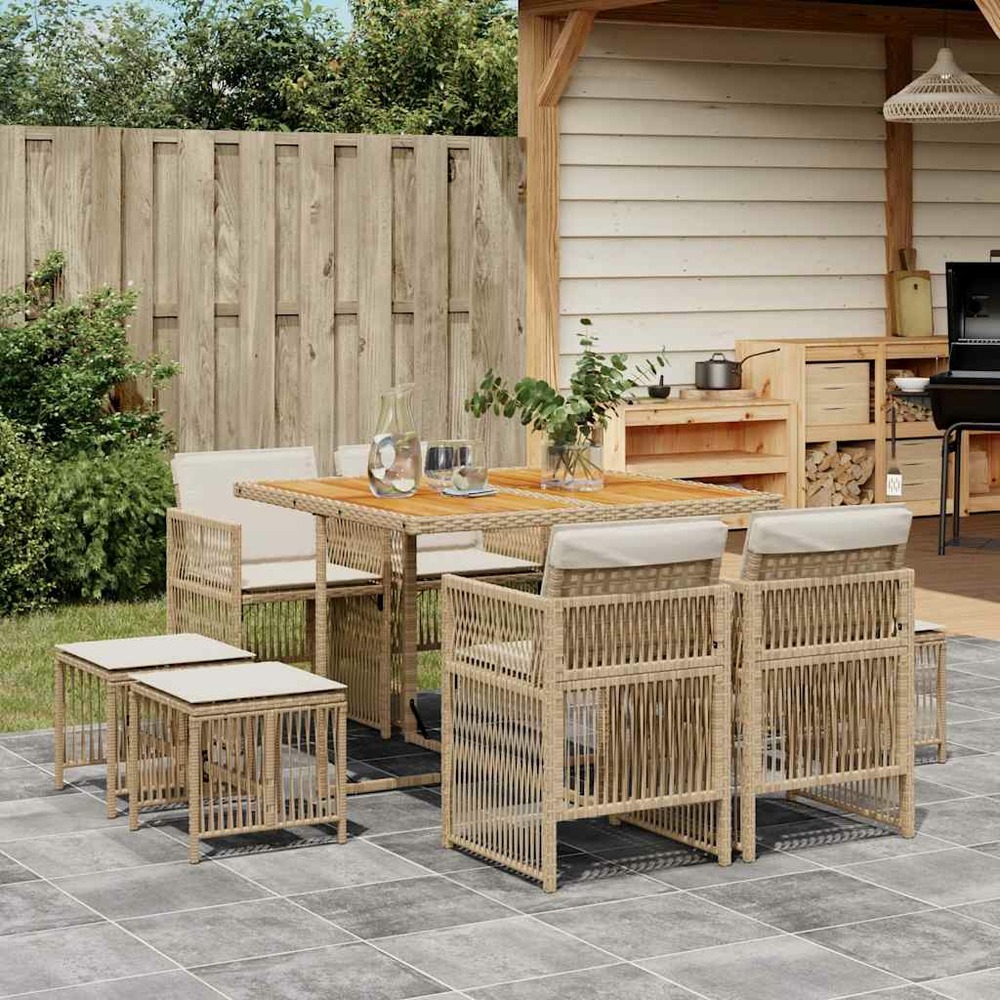 Ensemble à manger de jardin et coussins 9 pcs beige poly rotin
