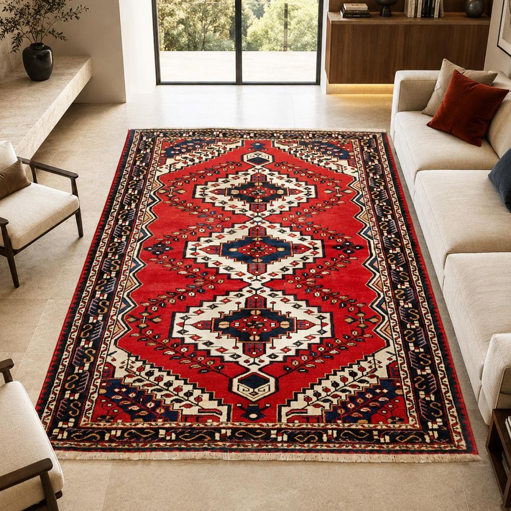 Tapis d'orient 150 x 201 cm, rouge, bleu et crème, laine nouée main, hamadan 48
