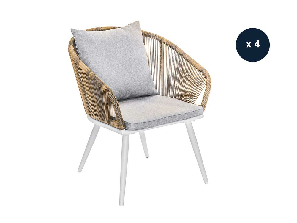 Lot de 4 fauteuil de jardin en résine tressée structure alu blanc + coussin chin