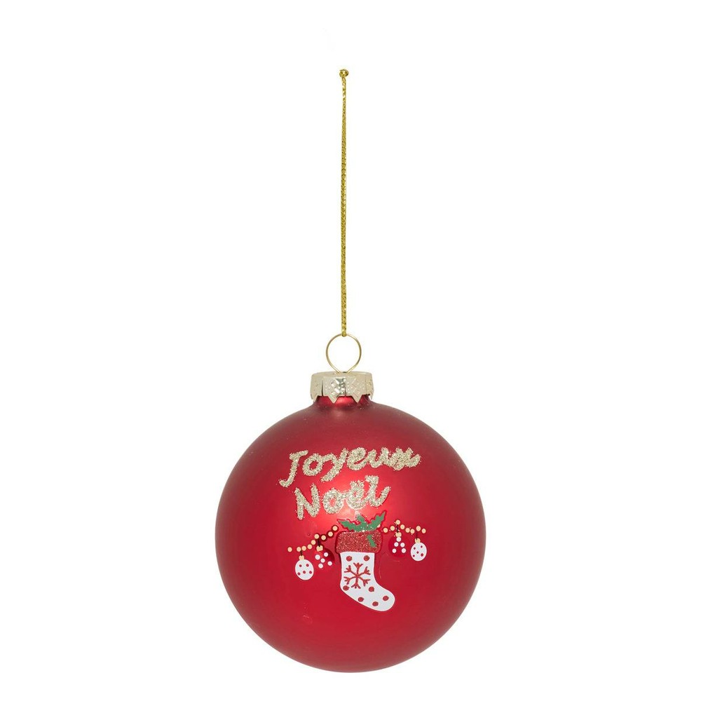 Boule verre joyeux noël décor botte d.8cm rouge