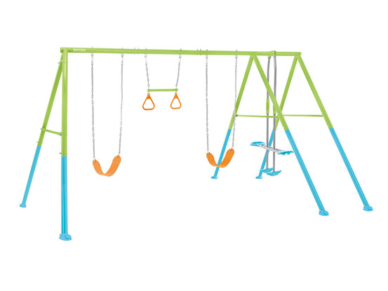 Portique-balançoire 4 agrès - 2 balançoires + face à face + anneaux