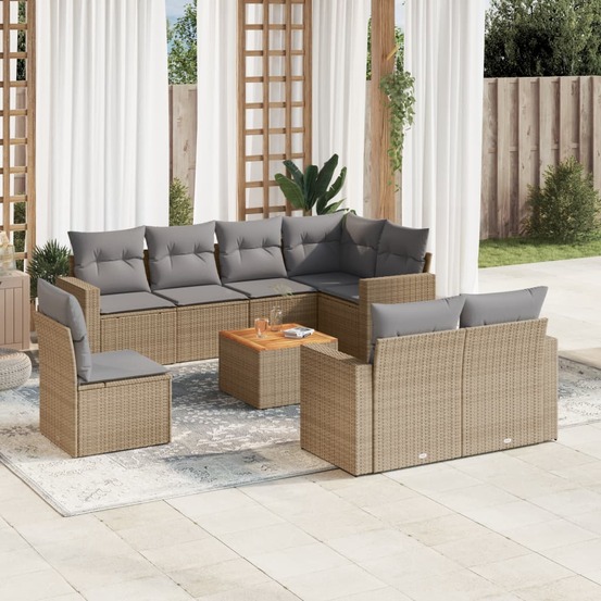 Salon de jardin avec coussins 9 pcs beige résine tressée