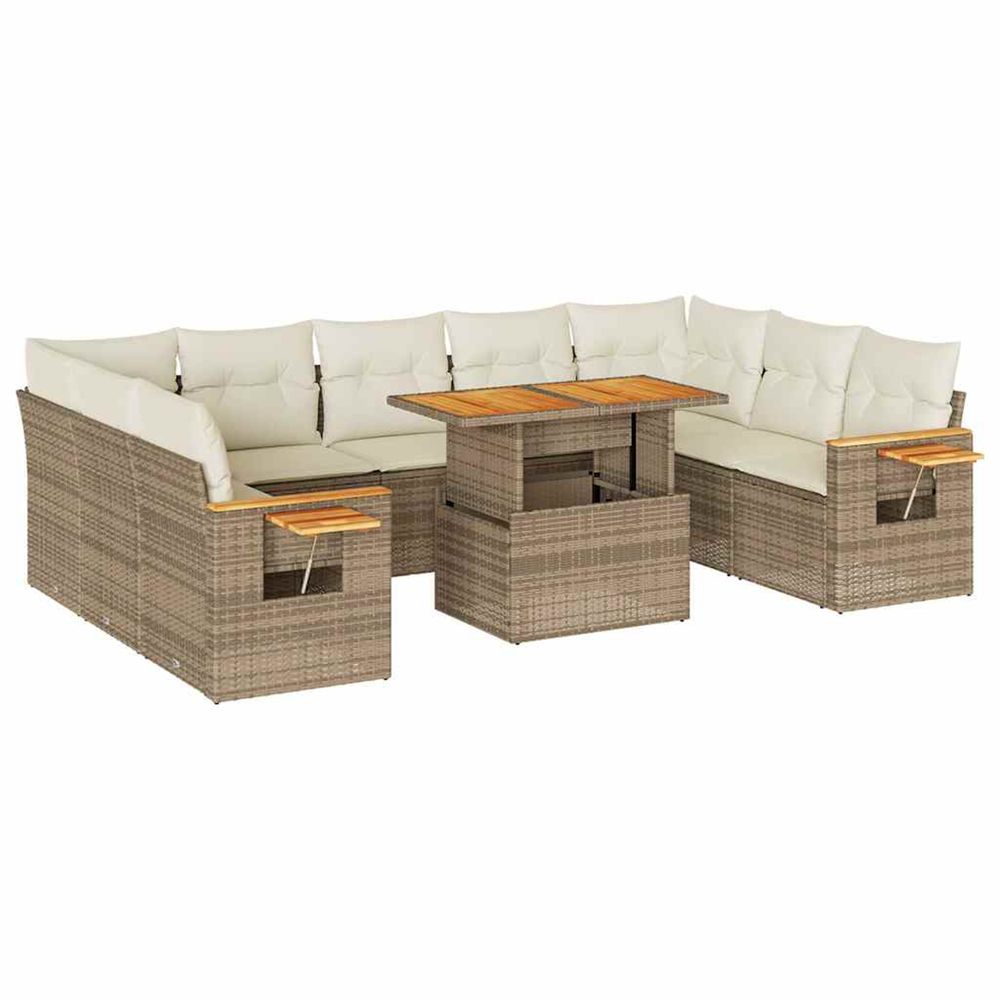 Salon de jardin avec coussins 10pcs beige résine tressée acacia