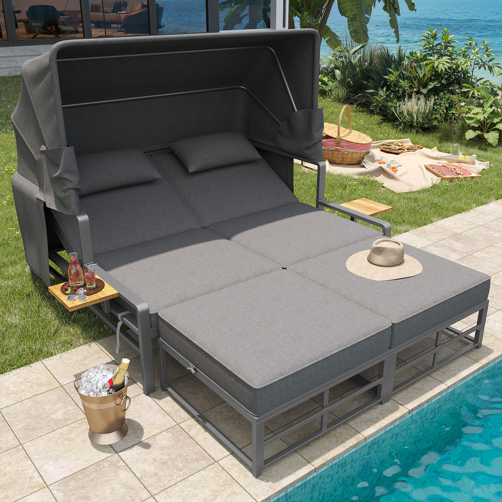 Ensemble de jardin, transat pour 2 à 4 personnes avec pare-soleil pliable, pour terrasse et balcon, gris foncé