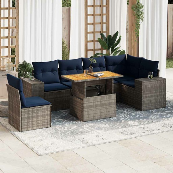Salon de jardin avec coussins 7 pcs gris résine tressée